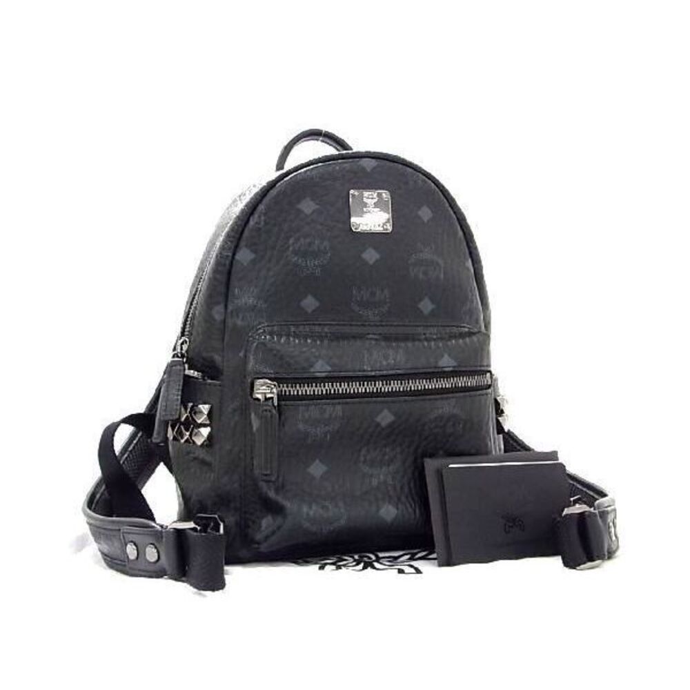 MCM Monogram Visetos Leather Studded Backpack Rucksack Daypack Black Gray